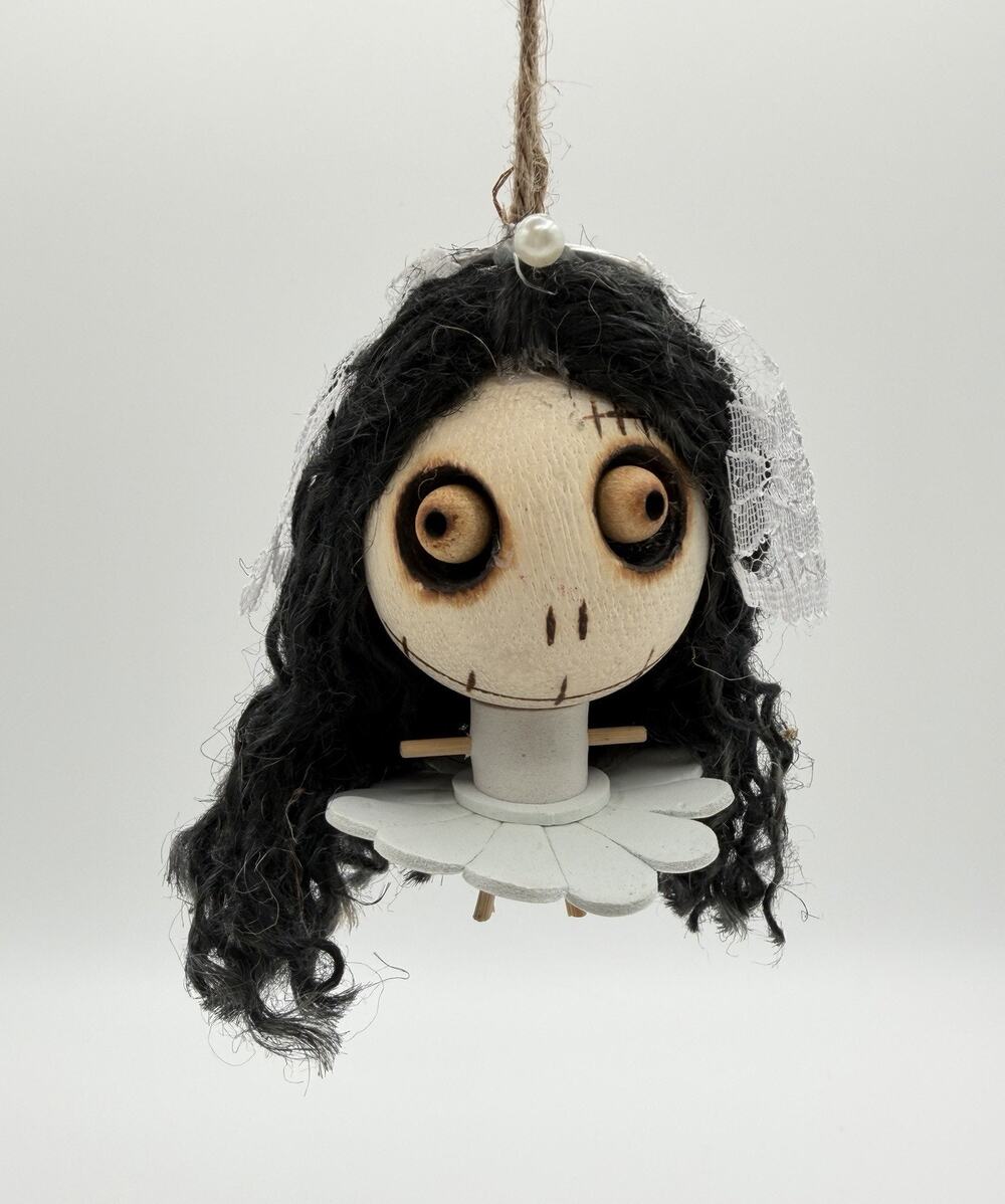 Pier 1 Imports Crazy Head Wooden Ornament 4” Bride Halloween Decor